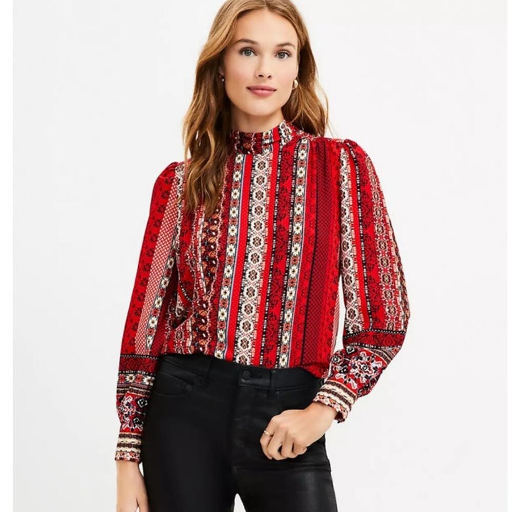 LOFT Striped Tie Back Long Sleeve Blouse Red Office Holiday Party Size XS